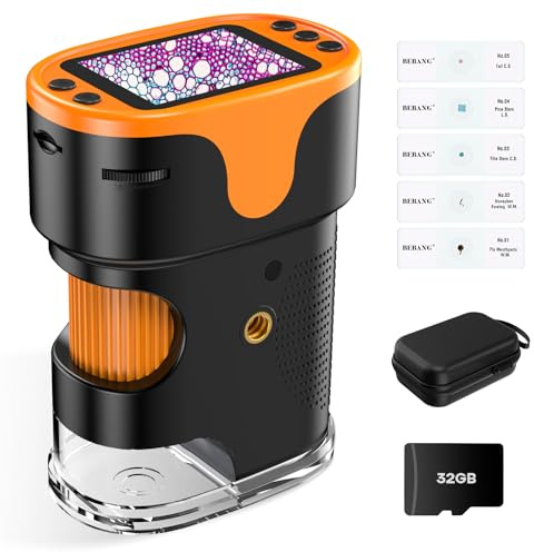 Microscope Numérique avec Écran de Poche pour Enfants: Loupe Rechargeable Mini Bijoux Jouet Éducatif Scientifique STEM Cadeau de Noël Filles Garçons de 4 à 12 avec Carte 32G Coque EVA
