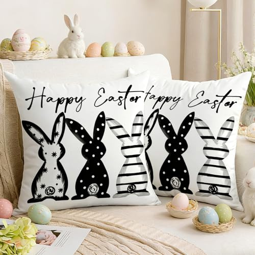 Luzzxfa Kissenbezug 40x40 cm Ostern Happy Easter Osterdeko Sofakissen Kaninchen Kissenbezüge Outdoor Kissen Frühling Kissenhüllen Deko Urlaubsparty Picknick Garten 2er Set Schwarz