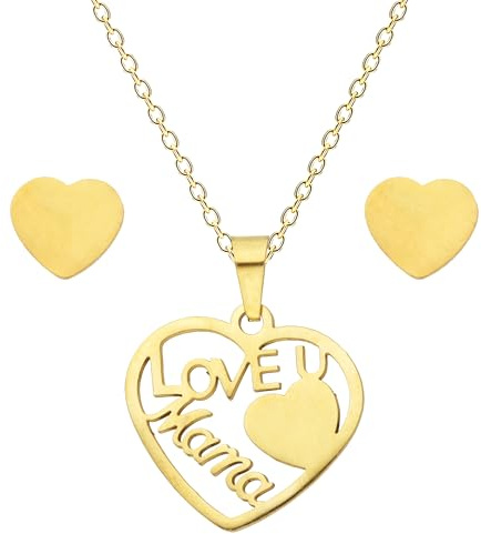 Löb 750er Gold vergoldet Halskette Ohrringe Set Herz Love Mama Anhänger Damen Kette Ohrstecker Liebe Schmuckset Mutter Großmutter Schriftzug Geburt