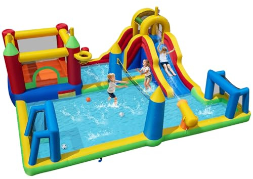 Maxmass Kids Water Park, Inflatable Bounce House with Splash Pool,Climbing Wall, Slide, Water Cannon, Soccer Zone, Outdoor Bouncy Castle Blow up House for 3-12 Years Old (9 in 1, without Blower)