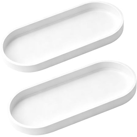 2 Pcs Bathroom Trays, White Bathroom Vanity Tray, Oval Silicone Organizer Trays, Toilet Tank Storage Tray for Jewelry Rings Dresser Kitchen Sink Countertop Organiser Holder(White)