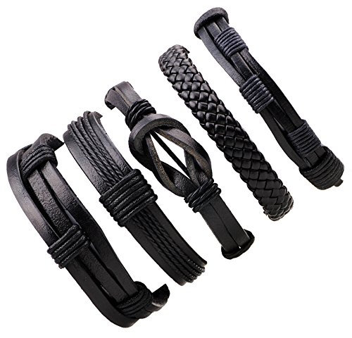 Thajaling 5 Black Leather Bracelets for Men Women Rope Braided Bracelet Wrap Handmade, Adjustable