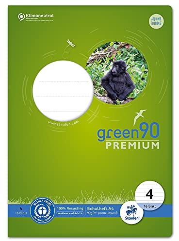 Staufen Green Heft - DIN A4, Lineatur 4 (9mm liniert), 16 Blatt, premiumweißes 90g/m² Recyclingpapier, runde Ecken verhindern „Eselsohren“, 4 verschiedene Motive (keine Auswahl möglich), 1 Stück