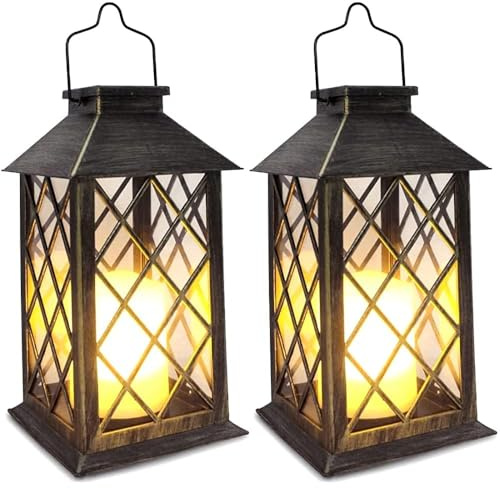 SHYMERY Solar Lantern,Outdoor Garden Hanging Lanterns,2 Pack 14 Inch Lasts 3X Longer 10 lumens Waterproof LED Flickering Flameless Candle Mission Lights for Table,Outdoor,Party Decorative