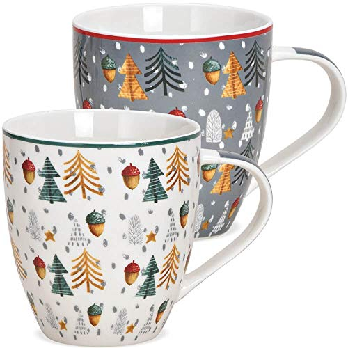 matches21 HOME & HOBBY Juego de 2 tazas de café jumbo de porcelana con árboles de Navidad y bellotas blancas y grises, 10 cm, 400 ml