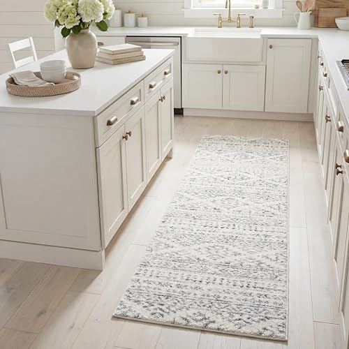 SAFAVIEH Boho Teppich für Wohnzimmer, Esszimmer, Schlafzimmer - Tulum Collection, Kurzer Flor, Elfenbein und Grau, 62 x 240 cm