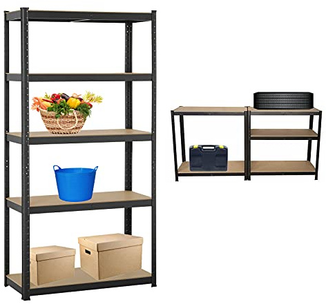 150cm x 70cm x 30cm Heavy Duty Shelving Unit Black 5 Tier 875KG Capacity Garage Shed Storage Racking Shelf Unit Flexible Assembly Adjustable Height, 5 Year Warranty
