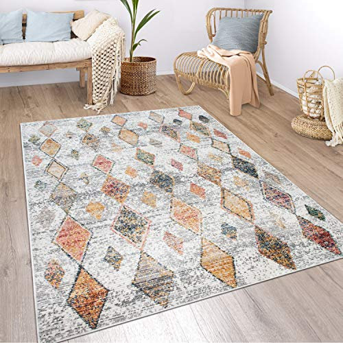 Paco Home Teppich Wohnzimmer Boho Ethno Marokkanische Muster Moderner Kurzflor Mit Struktur In Bunt Beige, Grösse:120x170 cm, Farbe:Grau