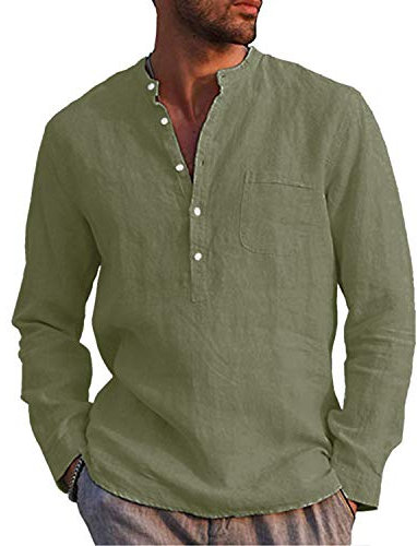 AUDATE Mens Shirts Solid Long Sleeve Button Up Banded Collar Shirt Casual Cotton Linen Shirt Army Green L