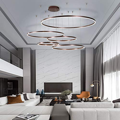 FUMIMID LED Pendellampe Wohnzimmerlampe Pendelleuchte Mit Kronleuchter Moderne Esstischlampe Aluminium Runde Acryl Beleuchtung Deckenleuchte,Braun,5laps20+40+60+80+100cm