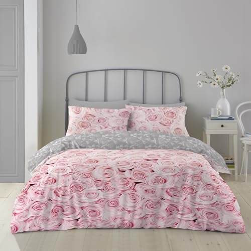 GC GAVENO CAVAILIA Soft & Cosy Belle Rose Floral Duvet Cover, Easy Care Reversible Quilt Set, Cotton & 50% Polyester, Pink, Super King