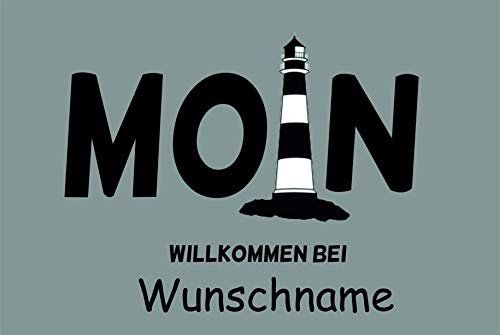 Crealuxe Fussmatte mit Wunschtext/Wunschname Moin - mit Leuchtturm s/w - 60x40 cm - Gummi Rückseite/rutschfest - Filzoberfläche - Bedruckte Türmatte - Innenmatte - Schmutzmatte