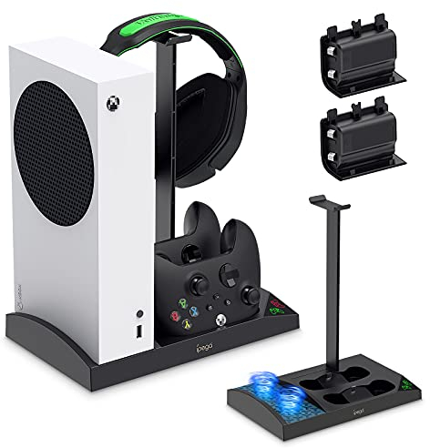 Cooling Stand Compatible with Xbox Series S Console with Controller Charging Station - Dual Powerful Cooling Fan & Controller Charger Dock with 2x1400mAh Rechargeable Batteries, Headset Holder for XSS