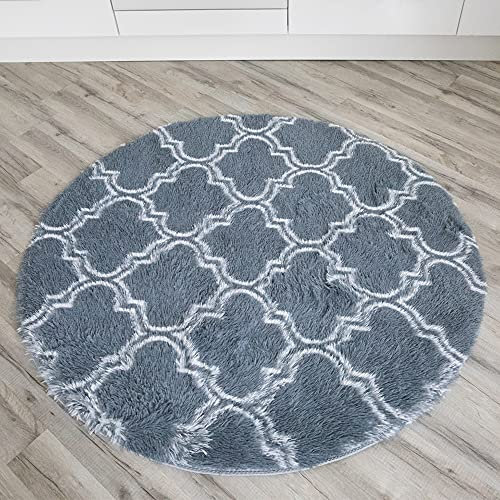 PUCHIKA Hochflor Teppich, Carpet, Wohnzimmerteppich, Teppich flauschig, Teppiche mit weicher Plüsch, Marokkanisches Muster, Blau Grau, Größe 120x120cm