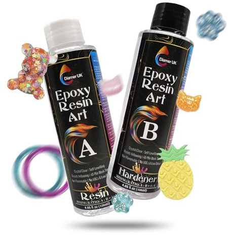 DIAMER Epoxy Resin Kit | 240ml Crystal Clear Resin & Hardner Kit for DIY, Art, Craft Decoration, Jewelry Making, Resin Moulds, Casting and Coating, Wood, Table, Countertops | Heat & UV Resistent