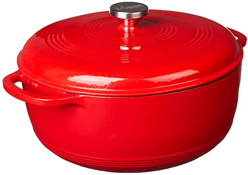 Lodge Dutch Oven aus emailliertem Gusseisen mit Deckel, 2 Griffe, ofenfest bis 260 °C oder auf dem Herd – zum Marinieren, Kochen, Backen, Kühlen und Servieren – massives Rot