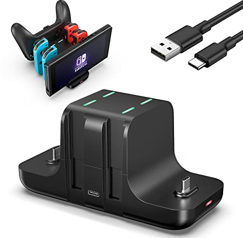 GLDRAM 6 in 1 Switch Charger Dock Station for Nintendo Switch & OLED & Lite Accessories, Charging Dock Storage Stand for Nintendo Switch JoyCon and Pro Controller with USB C Charging Cable, Black
