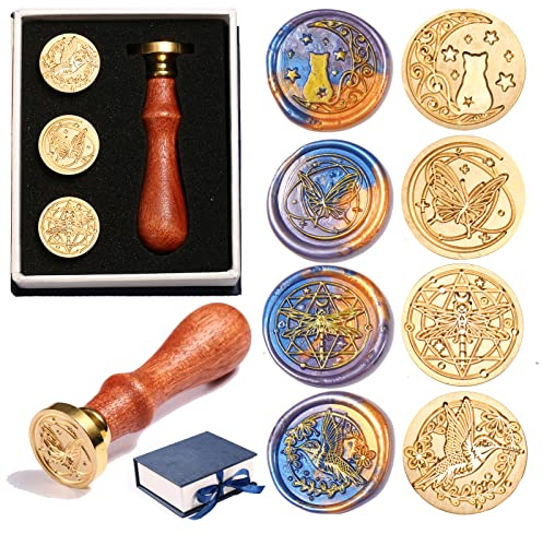 Comealltime Wachs Siegel Stempel Set - 4pcs Kupfer Wachs Siegel Stempel und Abnehmbarer Holzgriff, Siegelwachs Stempel (Kolibri, Schmetterling, Libelle, Katze) für DIY Karten Umschläge Geschenk (Tier)