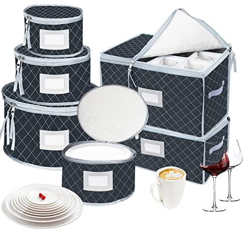 VERONLY China Dinnerware Storage Containers Set- Dish,Mug,Stemware Storage Cases - Quilted Box Bins Stackable with Divider,handles,Clear Window for Cups,Plates,Wine Glasses Moving Set of 6