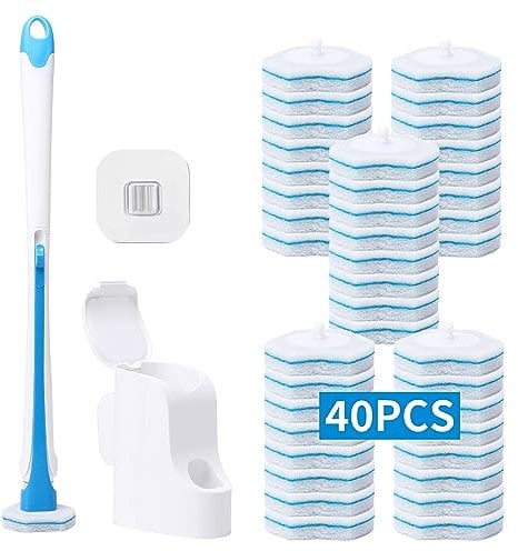 DALIPER Disposable Toilet Brush with 40PCS Refills, Wall Mounted Compact Bathroom Bowl Wand Cleaning System Long Handle with Storage Caddy