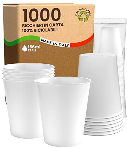 Eurocali 1000 Bicchieri in Carta Bianchi 166ml - Ecologici Biodegradabili Monouso Made in Italy Asporto Bevande Calde Acqua - Prodotto e confezionato in Italia