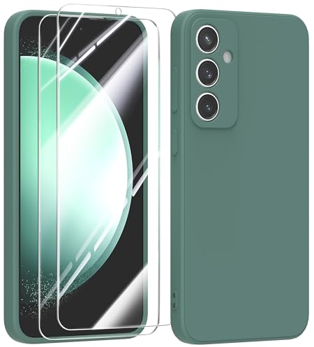 MIKULLE Funda para Samsung Galaxy S23 FE 5G con Cristal Templado Protector de Pantalla,Ultra Slim Protectora Anti-Choques Carcasa de Silicona Líquida TPU Suave Case Cover - Verde Oscuro