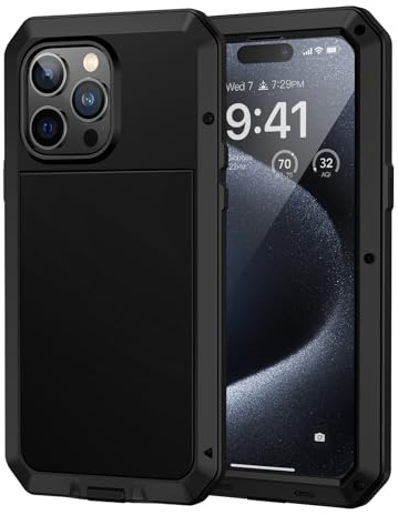 Lanhiem für iPhone 15 Pro Hülle (6.1), Metall Handyhülle iPhone 15 Pro Case Robust Stoßfest Ganzkörper Militärstandard Schutzhülle Outdoor Heavy Duty Case mit Eingebautem Displayschutz, Schwarz