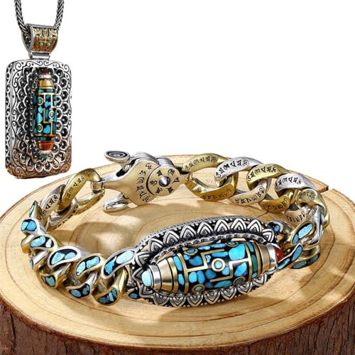 FAIRZ Türkis Sechs-Zeichen Mantra Neun-Augen Dzi Perlenarmband, Sechs-Zeichen Mantra Perlenarmband, Buddha Steine Tibetische neun-Augen Perlen, Glücksarmband (A,20CM)