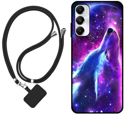 Sunrive Hülle Kompatibel mit Samsung Galaxy A05s Case,matt Handyhülle Schutzhülle Etui Karikatur Muster TPU Backcover (Wolf,Mond,Sterne) +1x Universale Handykette MEHRWEG