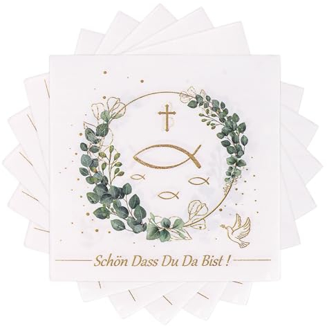 20 Stück Servietten Fisch im Gold,33x33cm Papierserviette mit Grüne Blätter Taufdeko Servietten,für Taufe Konfirmation festliche Anlässe