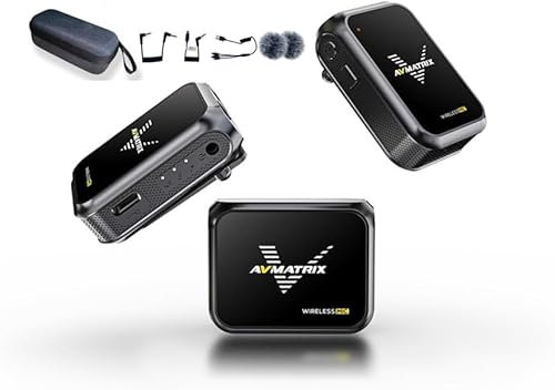 AVMATRIX Mini sistema di microfoni wireless, 100 metri, a lunga distanza di trasmissione audio e uscita USB, display OLED, lunga durata