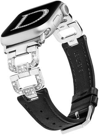 Wearlizer Bracelet en cuir compatible avec Apple Watch 41 mm, 40 mm, 38 mm, 44 mm, 45 mm, 42 mm, 49 mm, Ultra 2 femmes, élégant bling-bling en forme de D, diamant pour iWatch Series 9, 8, 7, 6, 5, 4,