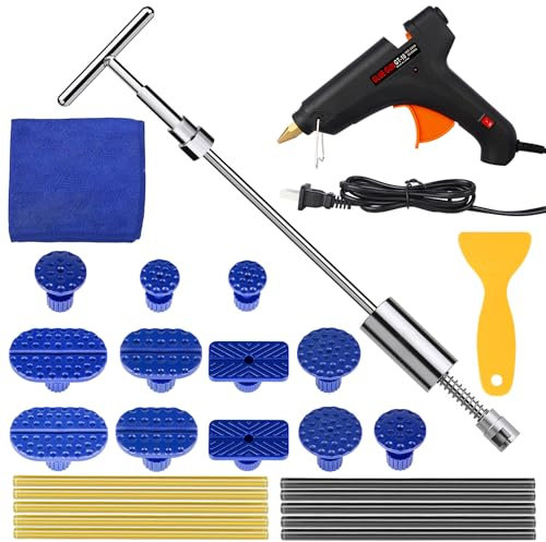 MOOKIS Kit Riparazione Carrozzeria 26 Pezzi Tirabolli per Carrozzeria con Martello Scorrevole con Barra a T, Pistola per Colla e 12 Distanziatori per Riparare Ammaccature su Auto e Altri Metalli