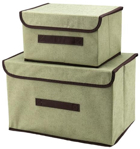 UNGFEI 2 Packs Foldable Storage Boxes with Lid and Handle, Large and Medium Fabric Storage Boxes, Green Storage Baskets with Lids, Storage Bin with Handle and Lid for Organized Wardrobe, Shelf