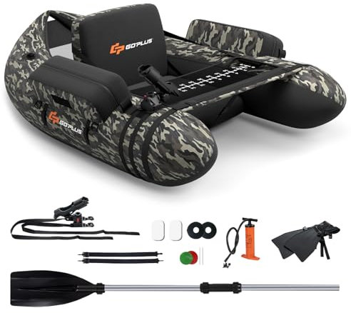 GOPLUS Bellyboot, Belly Boat bis 150 kg belastbar, aufblasbares Schlauchboot zum Angeln mit Alu Paddel, Pumpe, Flossen, Fischlineal, Rutenhalter & 2 Schultergurten, 135 x 109 x 54 cm (Tarnung)