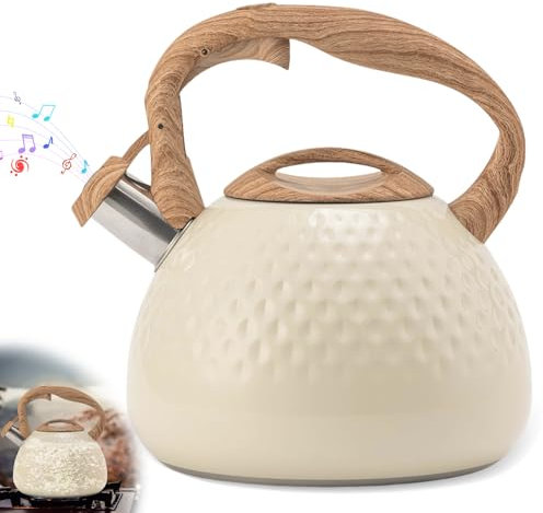 GOMETY Hervidor de agua moderno de inducción, 3 L de acero inoxidable, hervidor de flauta con mango de color madera, tetera para todas las placas de cocción, tetera para té y café