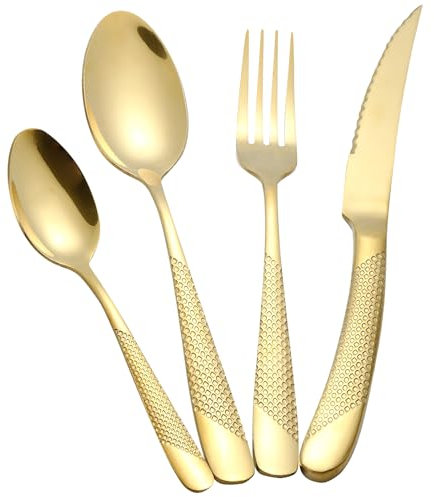 Juego de cubiertos de oro de 24 Piezas, Juego de cubiertos martillados de acero inoxidable 18/10, Juego de cubiertos para 6 personas, Juego de cuchillos tenedores cucharas
