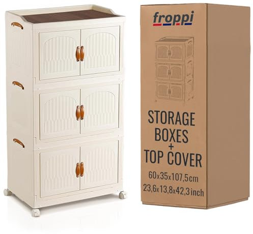 Froppi Storage Boxes with 1 Lid | Large 70L/Tier Capacity | 3 Tier Plastic Collapsible Storage Box with Wheels for Home and Office L60 W35 H107.5 cm Cream White