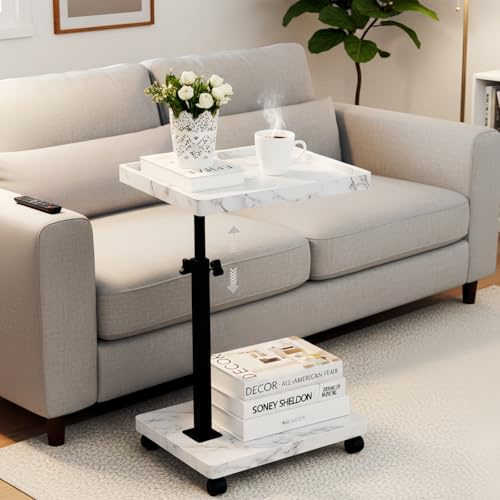 Bohodiy C-Tisch-Beistelltisch, höhenverstellbar, C-förmiger Beistelltisch für Couch, um 360° drehbar, TV-Tablett, Couchtische, die darunter geschoben Werden können (Weiße Maserung)