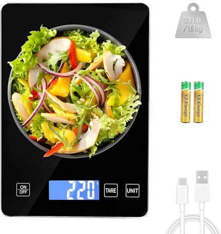 Howeifull Báscula de cocina digital USB C, 15 kg, báscula digital para el hogar, alta precisión, 1 g, báscula de cocina con gran superficie de pesaje, 5 unidades, pantalla LCD, color negro