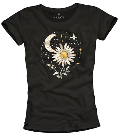 MAKAYA Damen T-Shirt mit Floralem Design Blumen Motiv Mond Sterne Blumenshirt Butterblume Frauen Top Schwarz XL