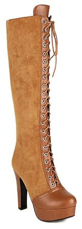 DSKHDZW Donne al Ginocchio Stivali di Piattaforma Alta Moda Lace up Biker Stivali Biker Stivali Tacco Grosso Gothic Stivali Lunghi,Giallo,38 EU