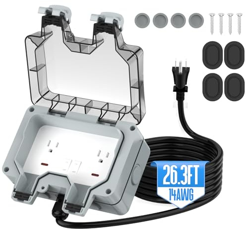 Outdoor Outlet Box with 26.3Ft Extension Cord, NEMA 5-15R, IP66 Waterproof Outdoor Outlet Box w/Lockable Cover & LED Indicator (Double Plug Socket) - Perfect for Gardens, Yards & Sports Fields