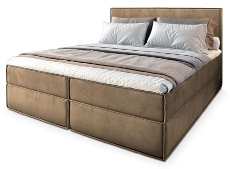 Masseno Boxspringbett PELLIO 180x200 cm Komplett-Set mit Matratze und Topper, Polsterbett mit Zwei Bettkästen -Beige, Monolith 09