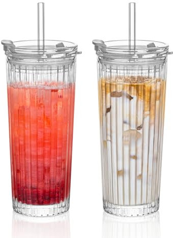 Ribbed Glass Tumbler with Straw and Lid – 18oz (530ml) Sturdy Leak-Proof Cup for Hot & Cold Drinks – Stylish Design, Perfect for Iced Coffee, Smoothies & More