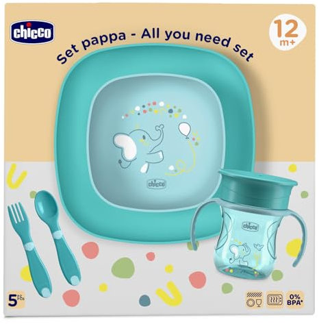Chicco Set Vajilla Bebé, Contiene 1 Taza, Conjunto de 1 Tazón y 1 Plato Plano y Cubiertos, Tenedor y Cuchara, Set Destete Niños, 12M+, Azul