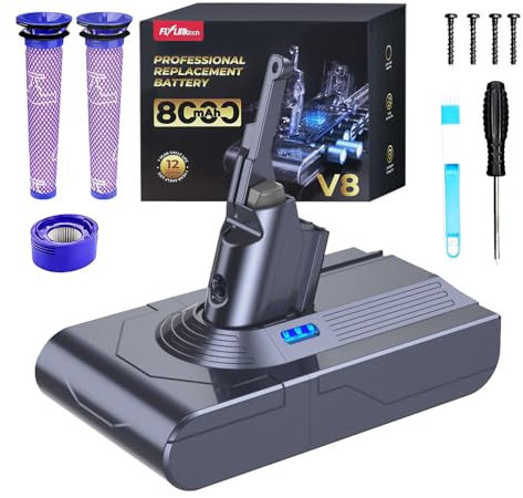Batteria FLYLINKTECH 8000mAh per Dyson V8, Sostituzione Batteria Li-ion Compatibile con V8 Animal, Absolute, Fluffy, Parquet, SV10 - Con 3 Filtri, Spazzola e Cacciavite Inclusi