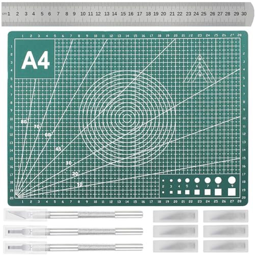 A4 Cutting Mat with Precision Craft Kit for Carving, Sewing, and Drawing - Includes Steel Ruler