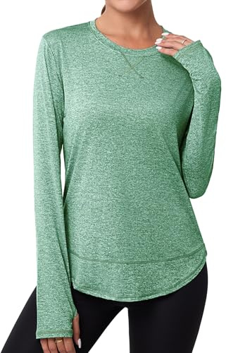 Terecey Funktionsshirt Damen Locker Langarmshirt Atmungsaktive Sportshirt Wandershirt Longsleeve Freizeitshirt Sport Oberteile fur Gym Workout Running, Grün XL