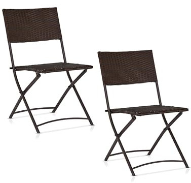 KHG Gartenstuhl Dunkel-Braun, 2 Stück wetterfest Stahl-Gestell, platzsparender Klappstuhl, Balkonstuhl mit Rattan-Geflecht Outdoor 74x60x60 cm, 110 kg belastbar
